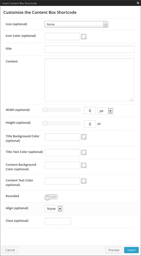 Content Box Shortcode Options Panel